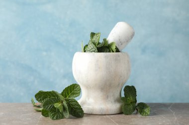 Havan topu, tokmak ve nane gri masa üzerinde, metin için boşluk