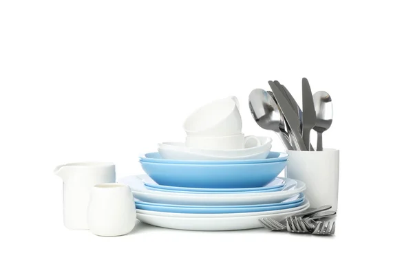 Tableware and cutlery isolated on white background. Kitchen, ser — Stock Photo, Image