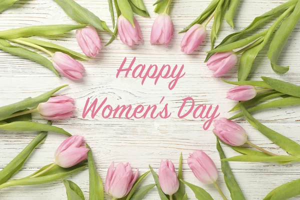 Inscription Happy Women Day Wooden Background Tulips — Stock Photo, Image