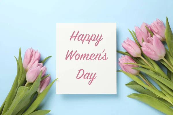 Inscription Happy Women Day Blue Background Tulips — Stock Photo, Image