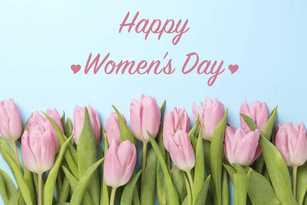 Inscription Happy Women Day Blue Background Tulips — Stock Photo, Image