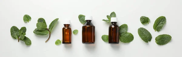 Flat lay with bottles and mint on white background, space for te — Stock Photo, Image