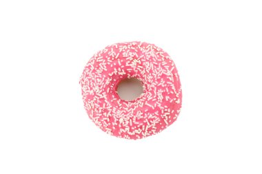 Beyaz arka planda izole edilmiş lezzetli pembe donut.