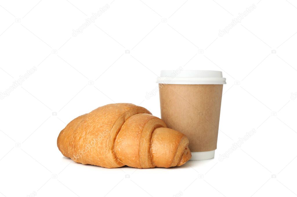 Baked croissant and paper cup isolated on white background