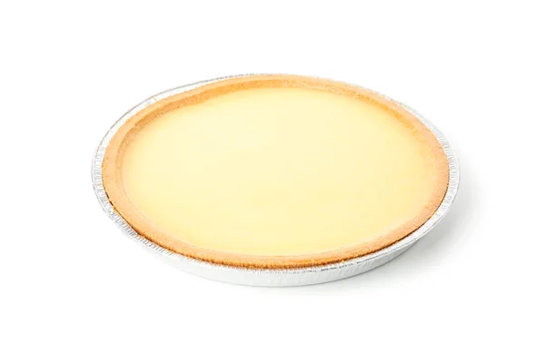 Foil plate with delicious lemon tart isolated on white backgroun — Stock Photo, Image