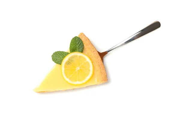 Spatula with lemon tart slice isolated on white background — Stock Photo, Image