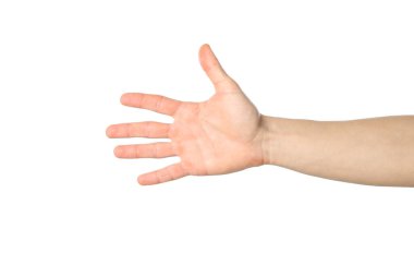 Beyaz arka planda erkek eli izole edilmiş. Hareketler