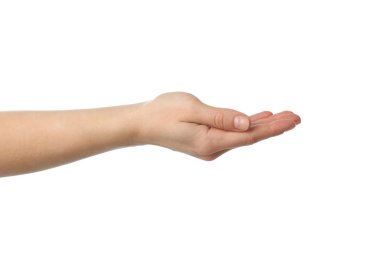 Kadın eli beyaz arka planda izole edilmiş. Hareketler