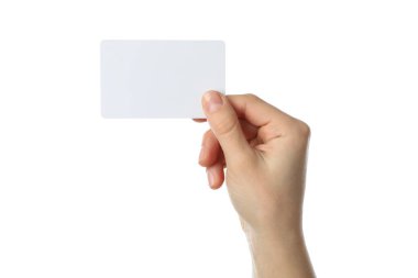 Beyaz sırt çantasına izole edilmiş, boş bir kartvizit tutan kadın.