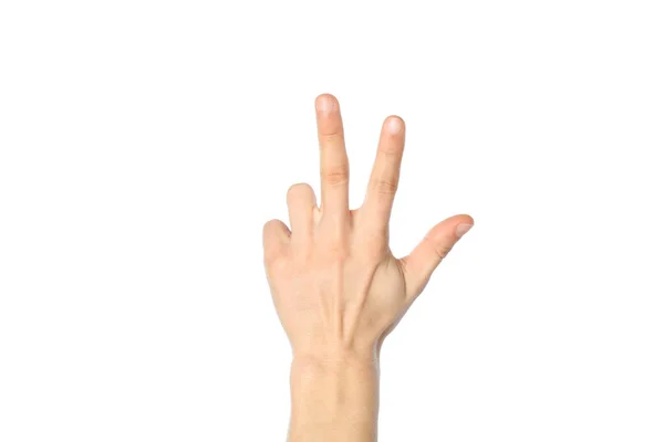 Férfi kéz mutatja három ujját, elszigetelt fehér alapon — Stock Fotó
