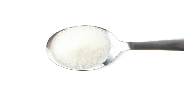 Cuchara con azúcar aislada sobre fondo blanco, de cerca — Foto de Stock