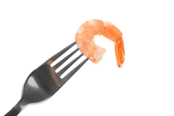 Fork with shrimps isolated on white background — Stock Photo, Image