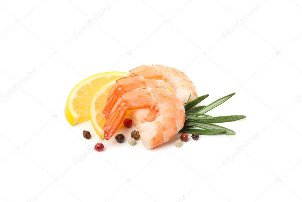 Shrimps with rosemary, pepper and lemon isolated on white backgr