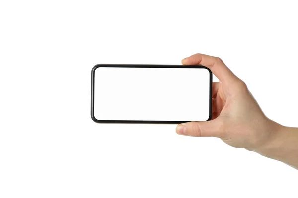 Samice ruční telefon s prázdnou obrazovkou, izolované na bílém b — Stock fotografie