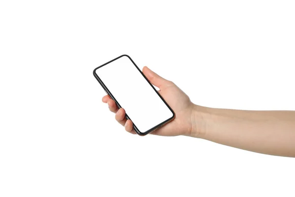 Teléfono de mano hembra con pantalla vacía, aislado en blanco b — Foto de Stock