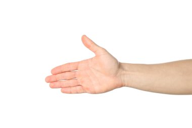 Beyaz arka planda izole edilmiş erkek avucu. Hareketler