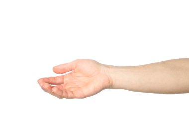 Beyaz arka planda erkek eli izole edilmiş. Hareketler
