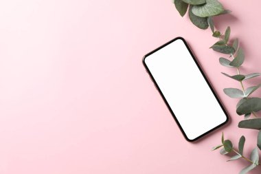 Boş ekranlı telefon ve pembe arka planda bitkiler, üst görünüm