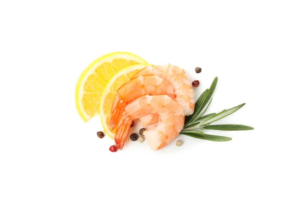 Shrimps with rosemary, pepper and lemon isolated on white backgr — 스톡 사진