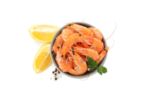 Square bowl with shrimps, pepper, parsley and lemon isolated on — Stock Photo, Image