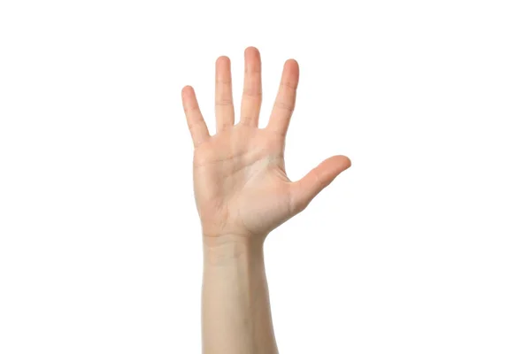 Γυναικείο χέρι απομονωμένο σε λευκό φόντο. Χειρονομίες — Φωτογραφία Αρχείου