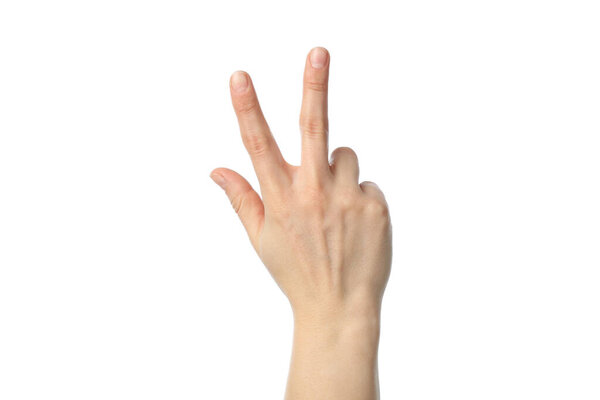 Woman hand showing three fingers, isolated on white background