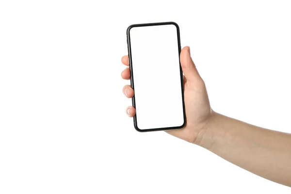 Kobieta trzyma telefon z pustym ekranem, izolowany na białym b — Zdjęcie stockowe