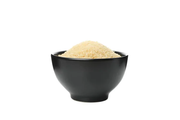 Tigela preta com arroz isolado no fundo branco — Fotografia de Stock
