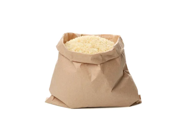 Saco de papel com arroz isolado sobre fundo branco — Fotografia de Stock