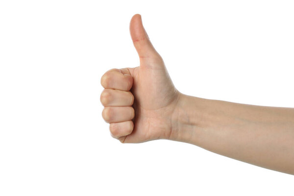 Female hand thumb up, isolated on white background