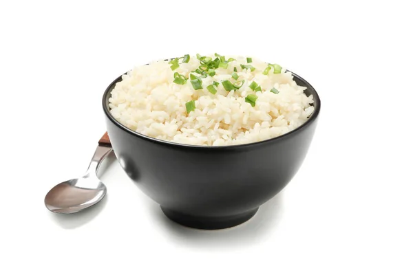 Sendok Dan Mangkuk Dengan Nasi Rebus Diisolasi Latar Belakang Putih — Stok Foto