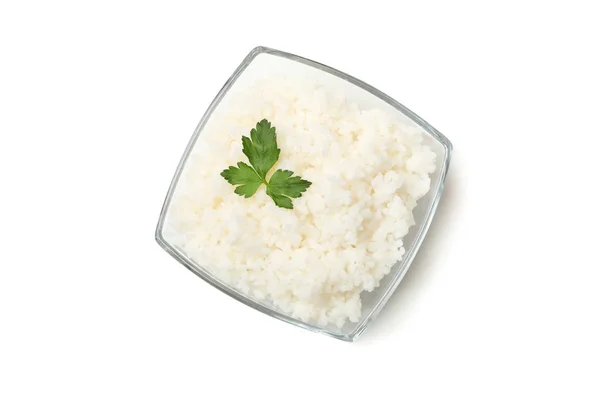 Tigela Vidro Com Arroz Cozido Salsa Isolada Sobre Fundo Branco — Fotografia de Stock