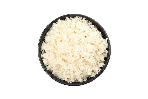 Nasi Rebus Dalam Mangkuk Hitam Diisolasi Pada Latar Belakang Putih — Stok Foto