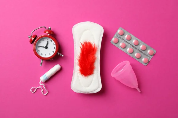 Conceito Período Menstruação Fundo Rosa Vista Superior — Fotografia de Stock