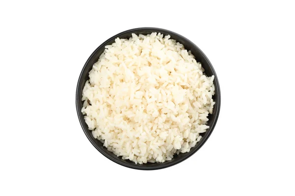 Arroz Cozido Tigela Preta Isolado Fundo Branco — Fotografia de Stock