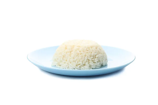 Blauer Teller Mit Gekochtem Reis Isoliert Auf Weißem Hintergrund — Stockfoto