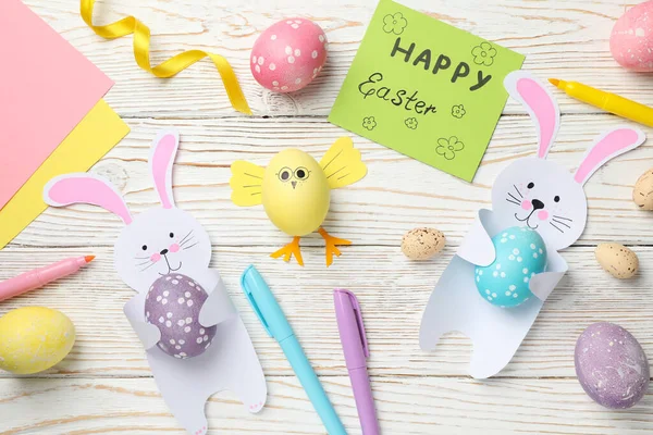 Happy Easter Composition Different Easter Accessories Wooden Background — Stock Photo, Image