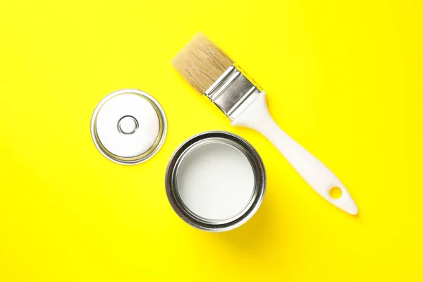 Paint Can Brush Yellow Background Top View — Stock Photo, Image