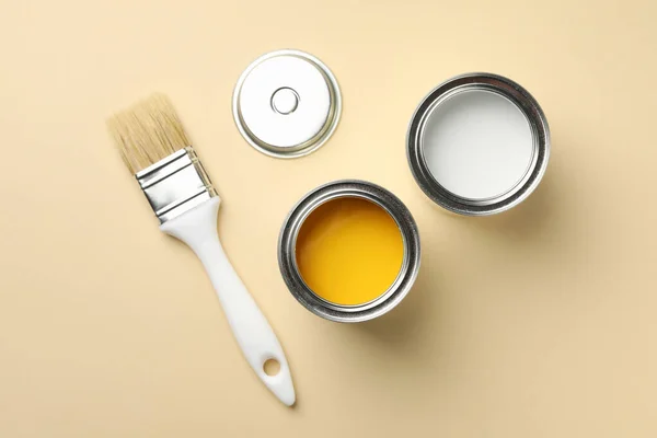 Paint Cans Brush Beige Background Top View — Stock Photo, Image