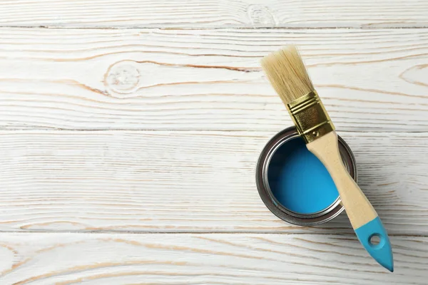 Paint Can Brush Wooden Background Top View — Stock Photo, Image