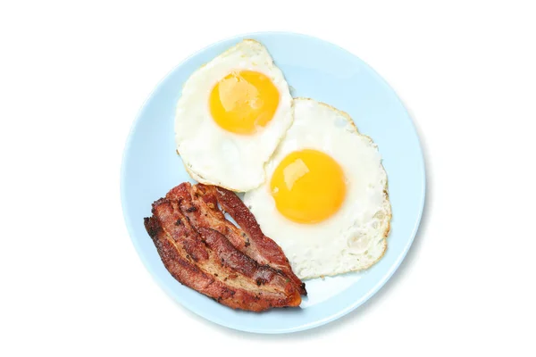 Plate Fried Eggs Bacon Isolated White Background — Stock Photo, Image