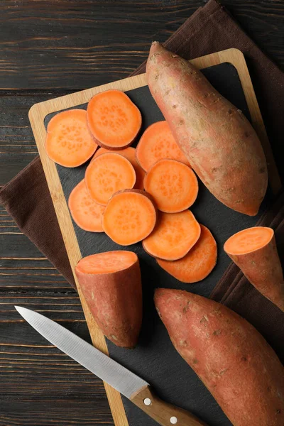 Sweet Potato Wooden Background Vegetables Healthy Food — Stock Photo, Image