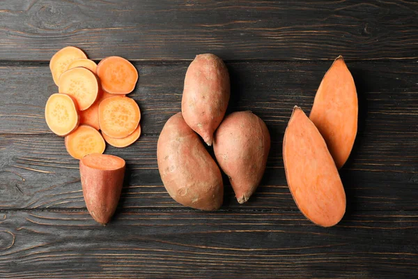 Sweet Potato Wooden Background Top View — Stock Photo, Image