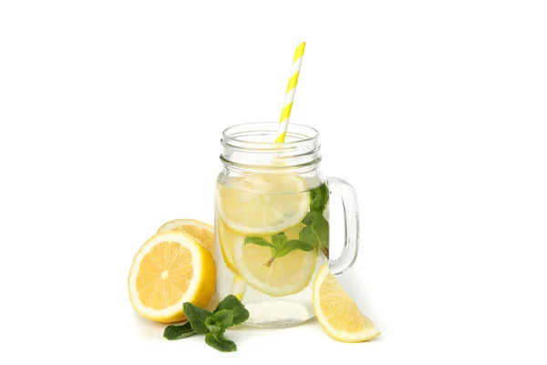 Üvegedény Limonádéval Fehér Alapon Izolált Citrommal — Stock Fotó
