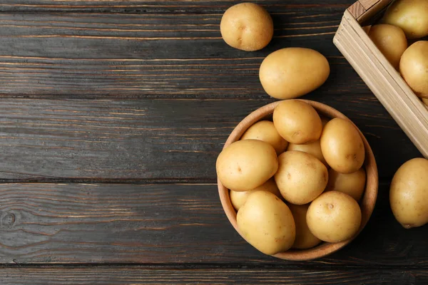 Bowl Basket Young Potato Wooden Background Top View — Stock Photo, Image