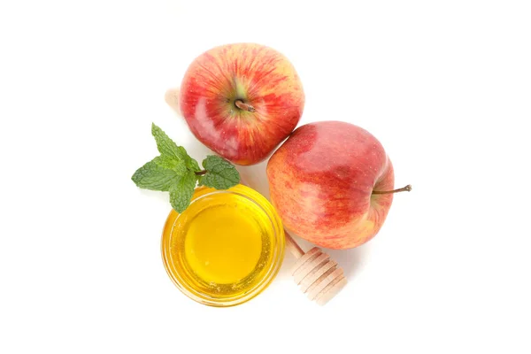 Jablka Med Máta Izolované Bílém Pozadí Přírodní Léčba — Stock fotografie