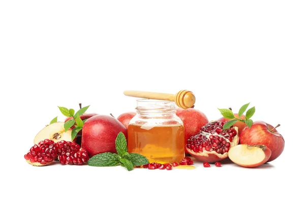Äpplen Granatäpple Mynta Och Honung Isolerade Vit Bakgrund Naturlig Behandling — Stockfoto