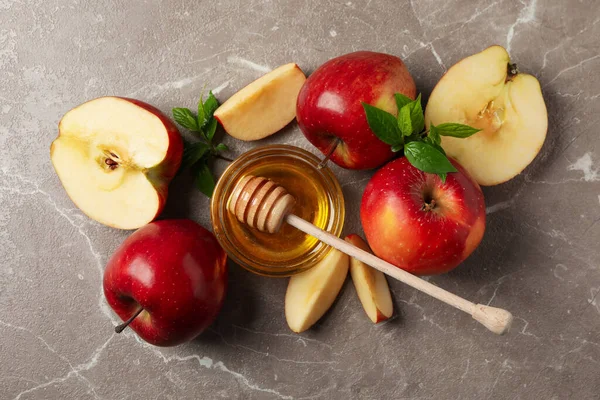 Apples Honey Gray Background Top View — Stock Photo, Image