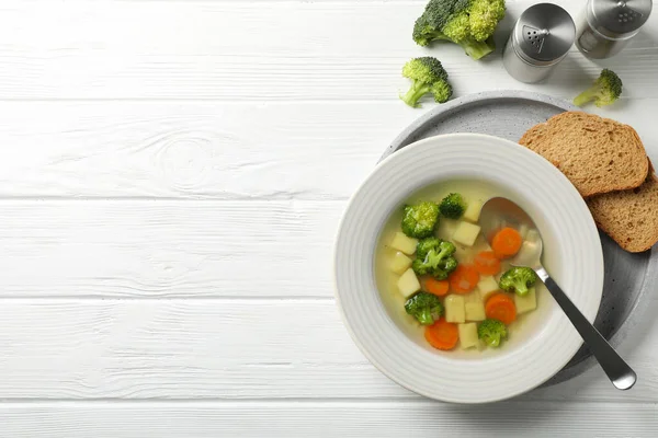 Sup Dengan Latar Belakang Kayu Tampilan Atas Makanan Sehat — Stok Foto