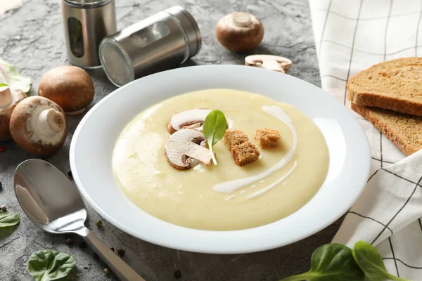 Mushroom cream soup and ingredients on grey background, close up — Stock Image Mushroom Cream Soup Ingredients Grey Background Close Stock Picture